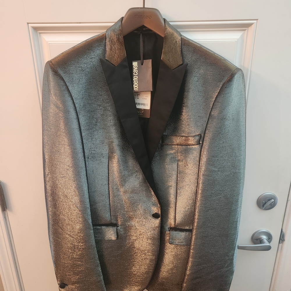 Roberto Cavalli Silver Metallic Single-Breasted Tuxedo Jacket